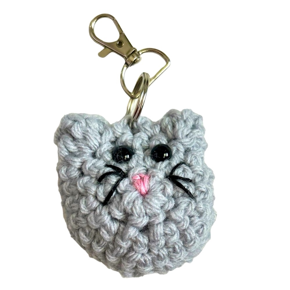 Hand Crafted Colorful Gray Cat Keychain Backpack Amigurumi Crochet Accessory